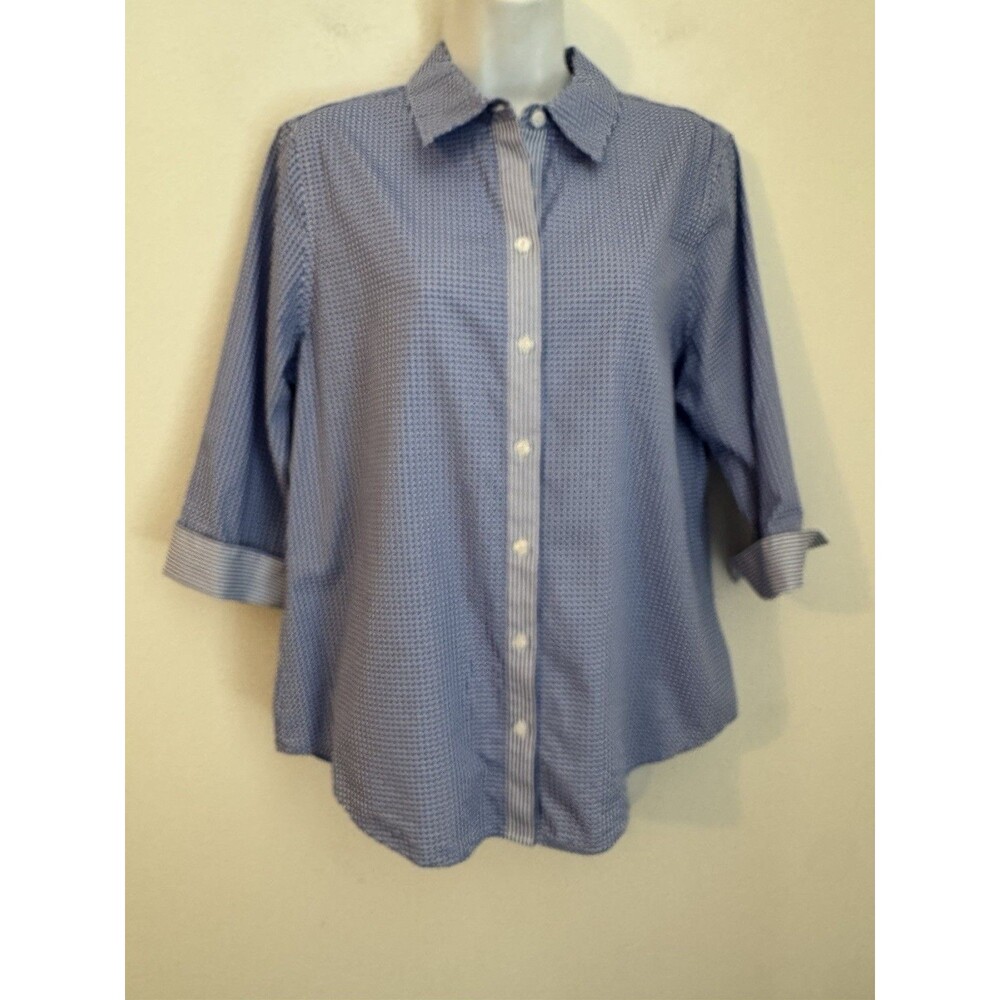 Chico's No-Iron Blouse Shirt 3/4 Sleeve White/blue Check Flip Sleeve Size 1/m